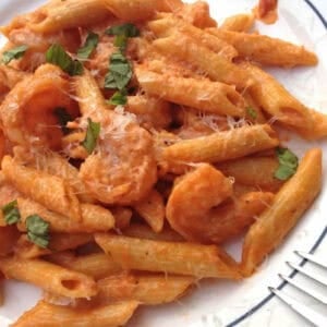 An overhead view of Shrimp and Penne Pasta with Creamy Marinara Sauce topped with grated parmesan cheese on a plate with a fork