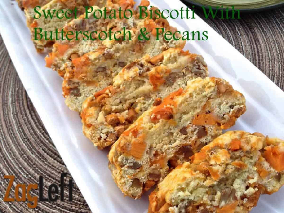 Sweet Potato Biscotti with Butterscotch & Pecans from Zagleft - 3a Six Sweet Potato Biscottis on a long serving dish