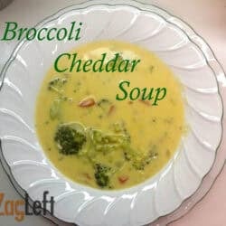 Overhead view of a bowl of broccoli cheddar soup