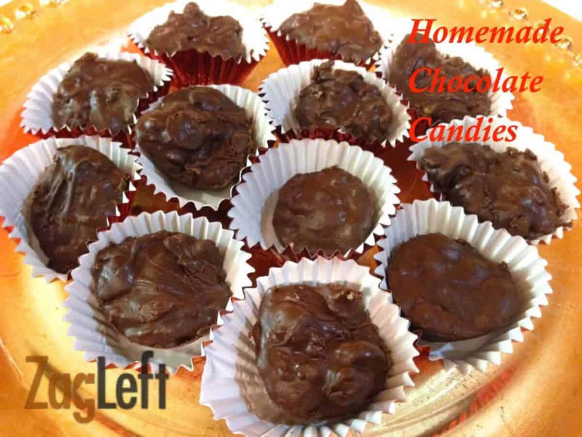 Twelve wrapped Valentine's Chocolate Candies on a large dish