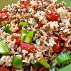 A closeup of rice and tomato salad with chopped green bell peppers