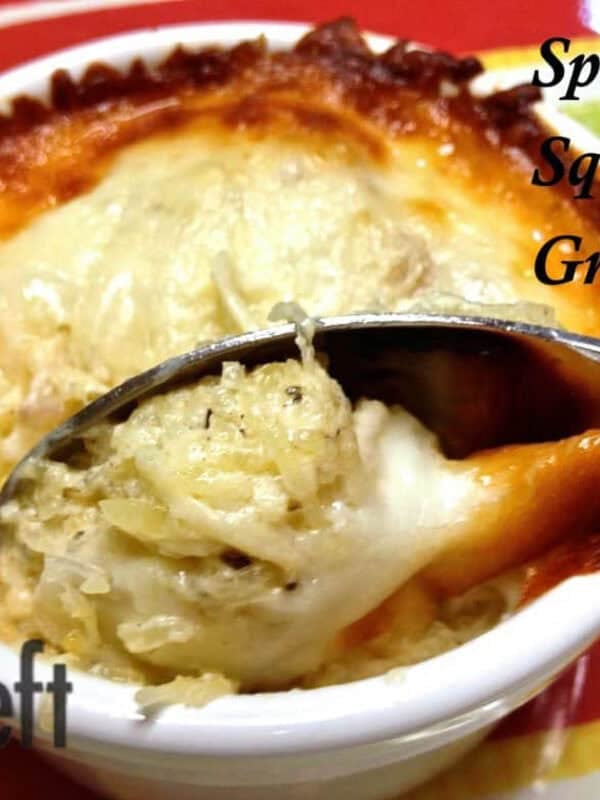 A spoonful of Spaghetti Squash Gratin from a ramekin