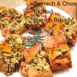 A plate of six pieces of spinach and cheese stuffed french bread