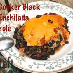 A bowl of Slow Cooker Black Bean Enchilada Casserole topped with a layer of melted cheese with a spoon resting on the side of the bowl