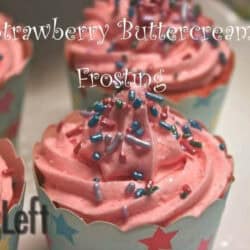 Four cupcakes topped with Strawberry Buttercream Frosting and purple, blue, and pink sprinkles
