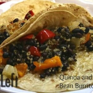 a plate of Two Quinoa and Black Bean Burritos with chopped orange and yellow bell peppers on flour tortillas