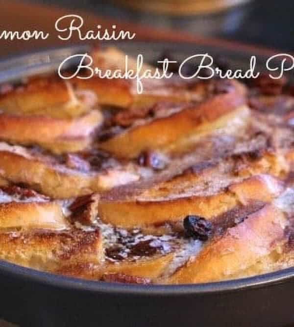 Cinnamon Raisin Breakfast Bread Pudding in a large circular baking dish.