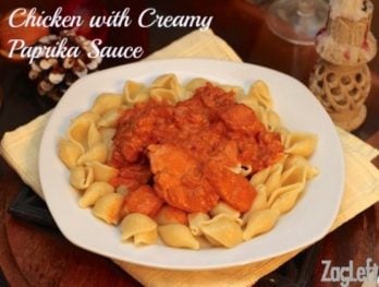 Pasta shells topped with Chicken and Creamy Paprika Sauce plated on a yellow cloth napkin next to a fork
