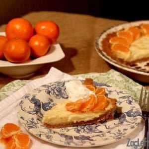 Five photos showing the Cutie Pie process and a big yellow flower- clementines, clementines being peeled, clementines being juiced, and the cutie pie on a plate topped with clementine slices and whipped cream