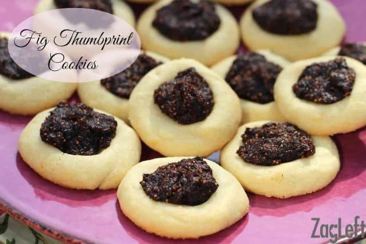 A plate of Fig Thumbprint Cookies on a large plate