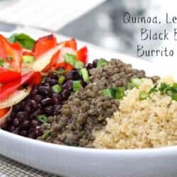 Quinoa, Lentils, Black Beans, baby spinach, and roasted red peppers and onions in a large serving dish