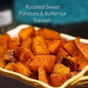 Chopped Roasted Sweet Potatoes and Butternut Squash in a baking dish