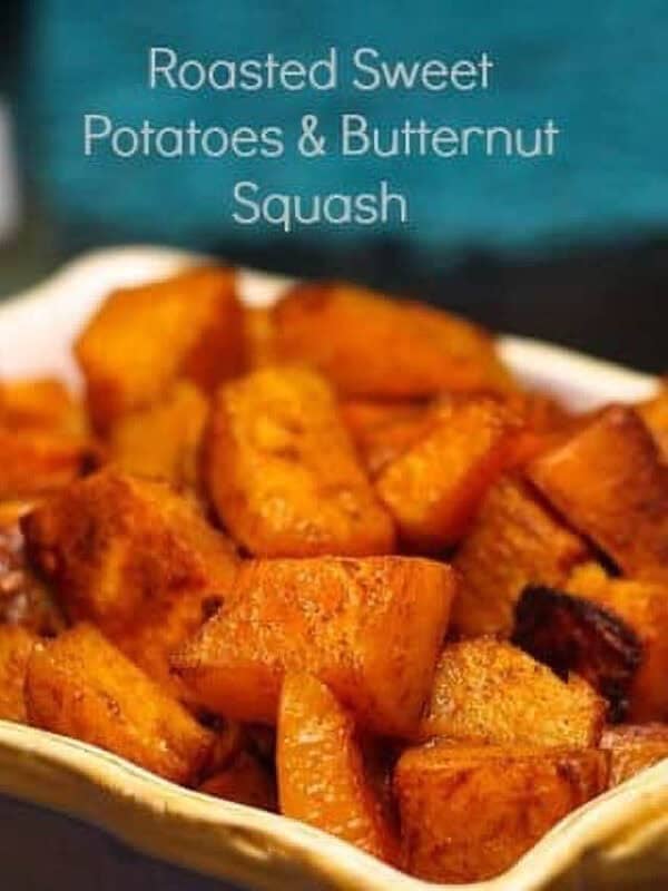 Chopped Roasted Sweet Potatoes and Butternut Squash in a baking dish