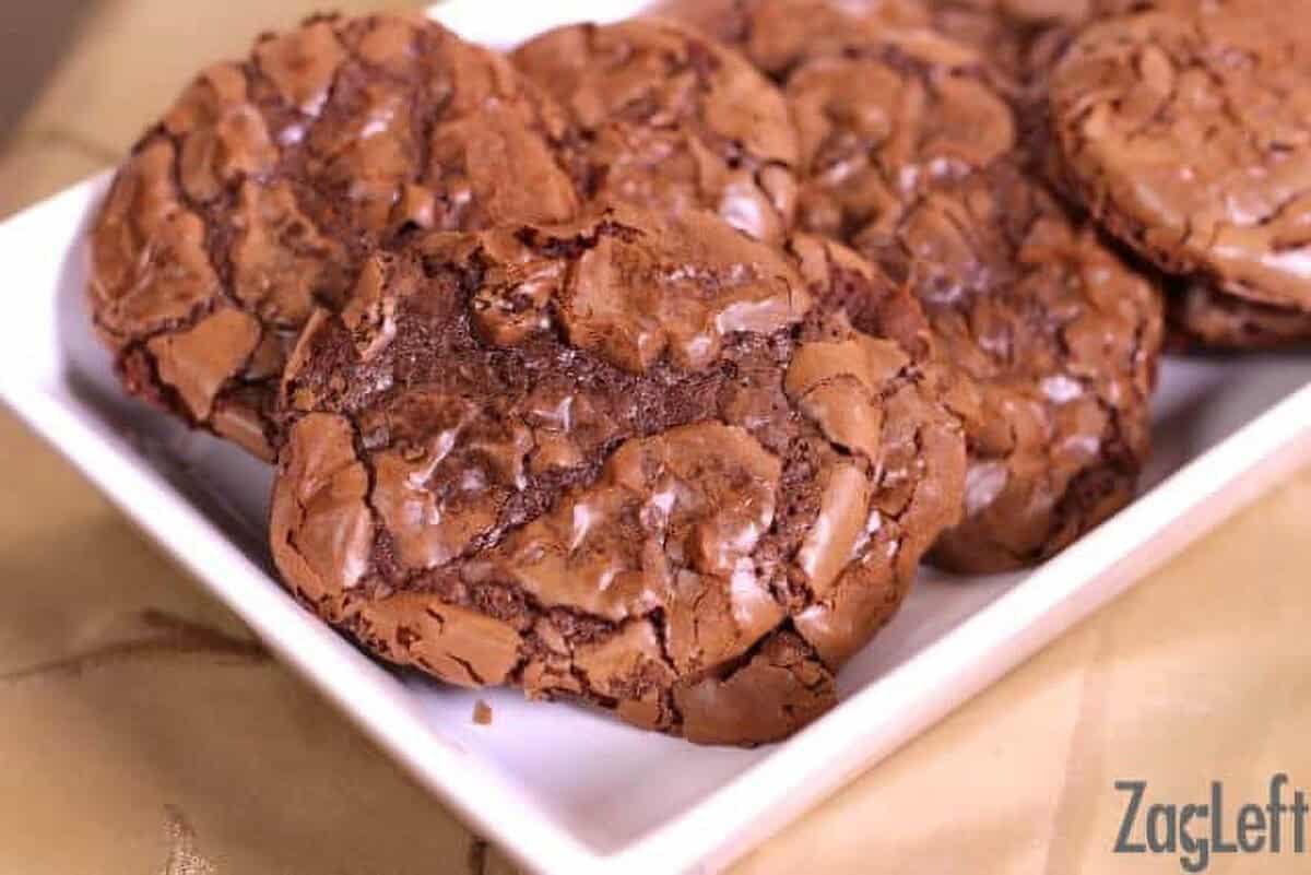 Closeup of Fudgy Brownie Drop Cookies on a rectangle plate