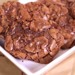 Closeup of Fudgy Brownie Drop Cookies on a rectangle plate
