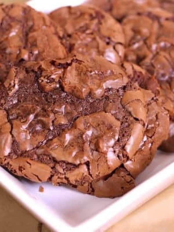 Closeup of Fudgy Brownie Drop Cookies on a rectangle plate