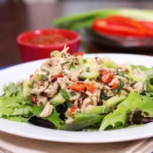 a plate of larb gai next to a dish of fresh vegetables.