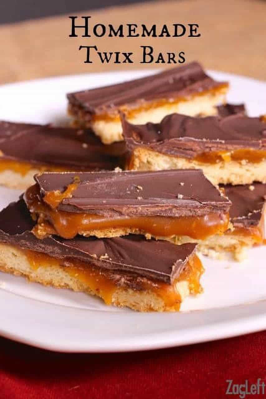 Homemade Twix Bars stacked on a large plate