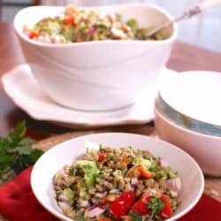 A bowl of Lentil Salad next to a large serving bowl with the remainder of the salad