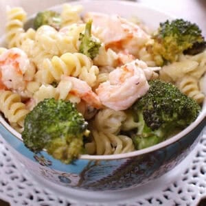 A closeup of a bowl of Roasted Broccoli and Garlic Shrimp Pasta