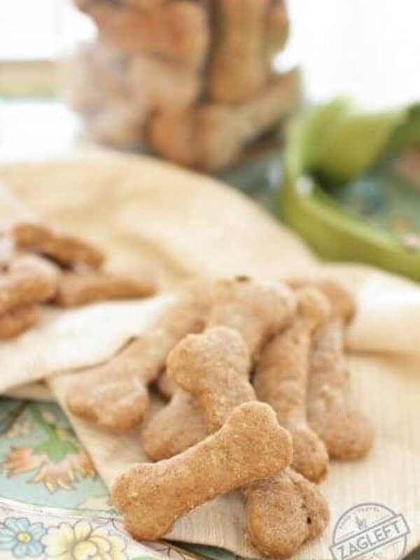 An overhead view of a jar of bone shaped dog treats on a metal tray next to a dog leash and scattered treats