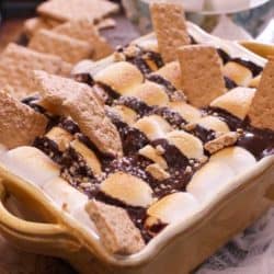 Baked s'mores in a baking dish.